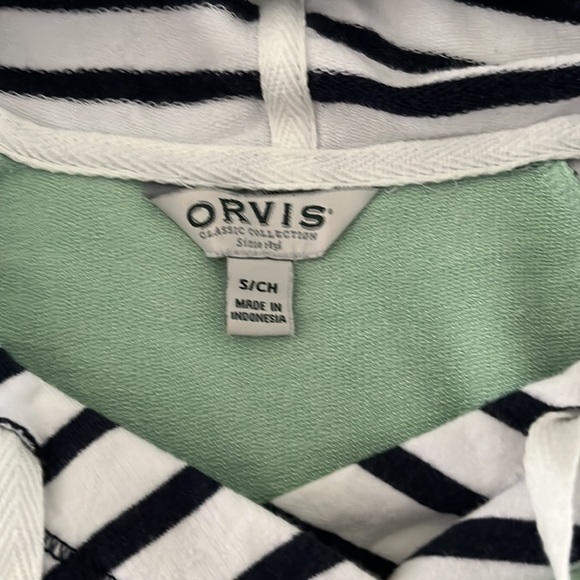 ORVIS Woman’s Hoodie Size S Long Sleeves Color Mint/striped white/navi - Picture 3 of 5